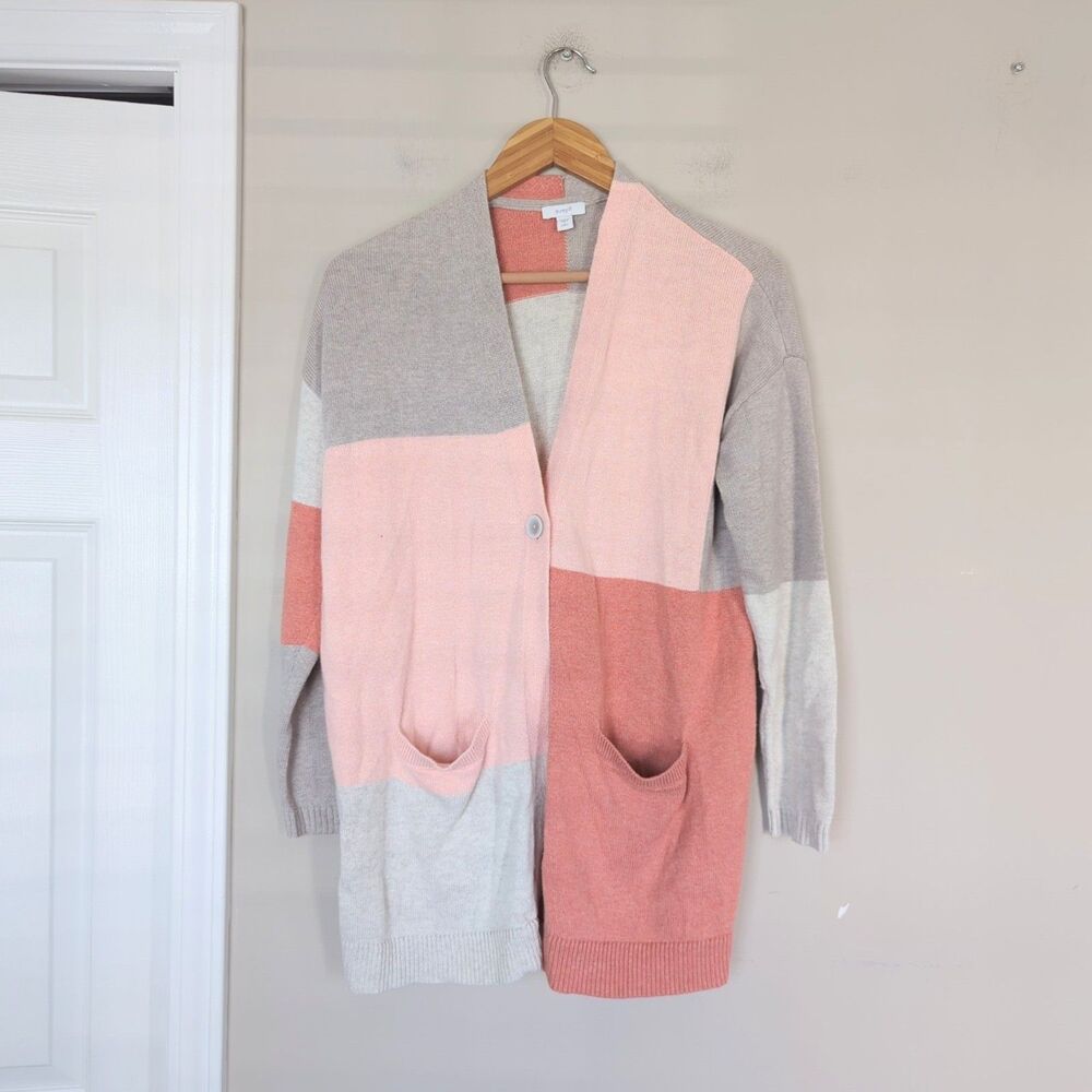 Pure Jill Pink Colorblock Open Front Long Cardigan Sweater Small Petite